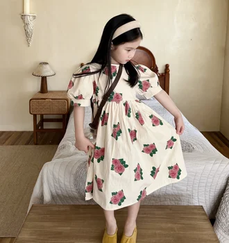 2023, платье с цветочным рисунком для корейских девочек, летние модные платья для девочек, детская одежда 2-8 лет