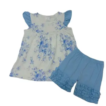Заводская поставка RTS, 2ШТ. Детские шорты с оборками, летний комплект с цветами для малышей, синие наряды для девочек