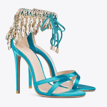 Синие Сверкающие цепочки с бриллиантами Кисточки Босоножки на высоком каблуке Открытый носок Бирюзовый Шелковый ремешок Хрустальная бахрома Свадебные туфли Femme
