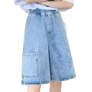 Летняя мода 2023 года, джинсовые шорты с эластичной резинкой на талии, женские широкие свободные шорты с большими карманами, уличная одежда, джинсы, женские