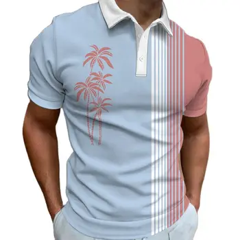 Мужская рубашка поло, модные топы с лацканами и принтом кокосовой пальмы, повседневная Свободная футболка с коротким рукавом, Летняя полосатая одежда на пуговицах в стиле харадзюку