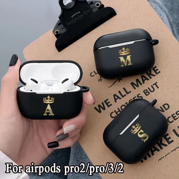 Чехол Airpods с Бриллиантовой Короной и Буквами для AirPods 3 2 1 Pro Pro2, Черная Беспроводная Коробка Для наушников Bluetooth, Симпатичная крышка A-z