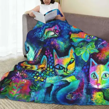 Теплое мягкое одеяло для кемпинга Красочные кошки-волшебницы Пледы Абстрактное искусство Фланелевое покрывало для дивана-кровати Графическое покрывало для дивана-кровати