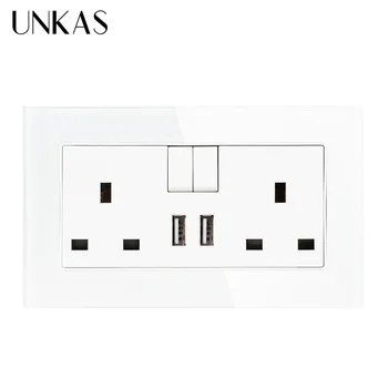 Стеклянная панель UNKAS 13A Двойная розетка стандарта Великобритании с переключением на 2.1A Двойной USB порт зарядного устройства Порты быстрого зарядного устройства Штепсельная розетка