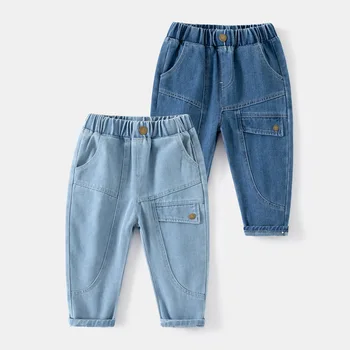Джинсы Для маленьких мальчиков, детские джинсовые брюки с эластичной резинкой на талии, 2023, весенне-осенние брюки для малышей на пуговицах, детская одежда