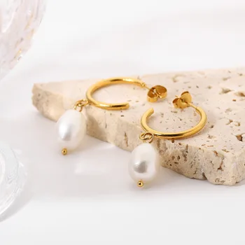 18-каратное позолоченное кольцо из нержавеющей стали С-образной формы, геометрические серьги с жемчугом, ювелирные изделия для женщин