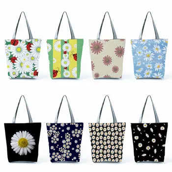 Сумки с цветочным принтом Daisy Для женщин, складные портативные сумки для покупок, дорожные пляжные сумки на открытом воздухе, сумки через плечо, модная сумка-тоут