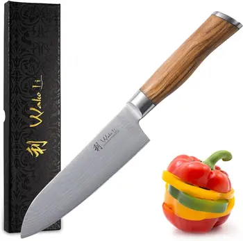 Нож Santoku с 6,7-дюймовым чрезвычайно острым лезвием из 67 слоев натурального японского дамаска с ручкой из оливкового дерева, серия Olive