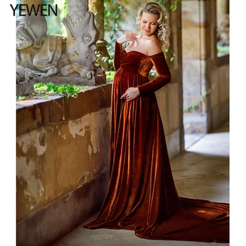 Элегантное Бархатное вечернее платье с открытыми плечами и длинными рукавами, платье для Рождественской фотосессии, платья для беременных YEWEN YW220827