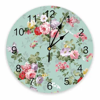 Круглые настенные часы с декоративными розовыми цветами и листьями, дизайн с арабскими цифрами, не тикающие настенные часы большого размера для спальни и ванной комнаты