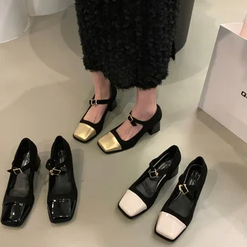 Женские туфли на низком каблуке, туфли-лодочки с квадратным носком, туфли Мэри Джейн, вечернее платье на квадратном каблуке с ремешком и пряжкой, женская повседневная обувь A28-90