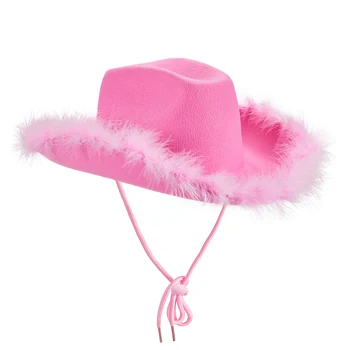 Женская ковбойская шляпа, нетканые карнавальные шляпы для вечеринок, западная ковбойская шляпа, шляпа с широкими полями, отделанная мехом, для взрослых, женская кепка для праздника