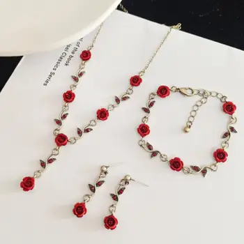 Винтажное ожерелье с цветком Красной розы, Браслет, серьги, ювелирный набор для женщин, серьги с кисточками, цепочка для ключиц, Свадебные украшения для помолвки