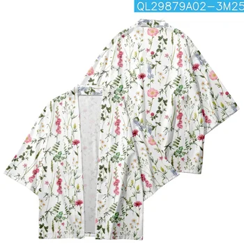 Цвет Белый с цветочным принтом Японская традиционная уличная одежда Кардиган Кимоно Рубашка Хаори Женская Мужская Пляжная Юката Азиатская одежда