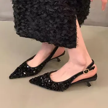 Новые женские босоножки с острым носком, босоножки с блестками, свадебные туфли с блестками, модельные туфли на низком каблуке, слипоны, черный 1358C