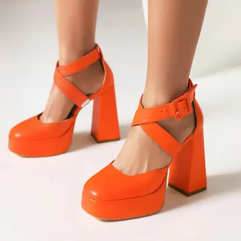 Модный в западном стиле широкий ремешок с перекрестной пряжкой, вечерние женские туфли-лодочки Mary Janes, Оранжевые босоножки на платформе и высоком каблуке с закрытым носком
