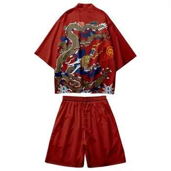 Хаори Юката, Японское Кимоно, мужской Кардиган и шорты с принтом Красного Дракона, одежда для косплея, рубашка-кимоно