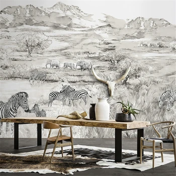 Изготовленные на заказ скандинавские ретро африканские обои с изображением пастбищного слона простые и красивые черно-белые обои для спальни
