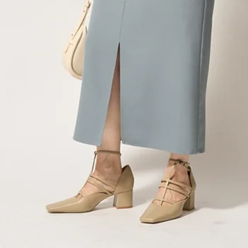Японские модные туфли-лодочки из натуральной кожи с квадратным носком, офисные женские босоножки на тонких ремешках с мелким носком, элегантные женские туфли на высоком каблуке