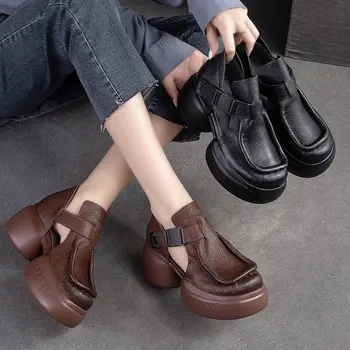 Новые женские сандалии 2023 года ручной работы, модные босоножки на платформе с круглой пряжкой, Летние женские туфли на высоком каблуке, женская обувь