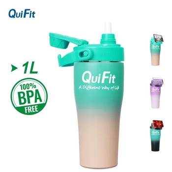 Бутылка для воды QuiFit объемом 1 л с вакуумной изоляцией и соломинкой, герметичная фляга для спортивных напитков из нержавеющей стали для автомобиля на 32 унции