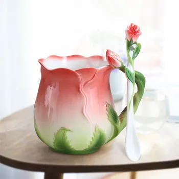 Эмалированная Керамическая Кофейная кружка в европейском стиле, креативные чайные чашки в форме 3D розы, Пасторальные 4 цвета, Чашки для молока для завтрака С ложкой