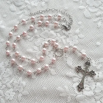 Изысканное пастельно-розовое ожерелье в стиле четок с подвеской в виде креста, ожерелье из священного жемчуга ручной работы, украшения в виде готического креста