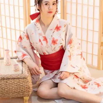 Женское Традиционное Длинное японское Кимоно с красным Оби для фотосессии, Танцевальный халат Юката, женские костюмы Гейш для косплея.