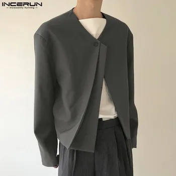 INCERUN Tops 2023, Мужской Однотонный Блейзер Без воротника на одной пуговице В Корейском стиле, Модный Универсальный Короткий костюм с длинными рукавами, пальто S-5XL