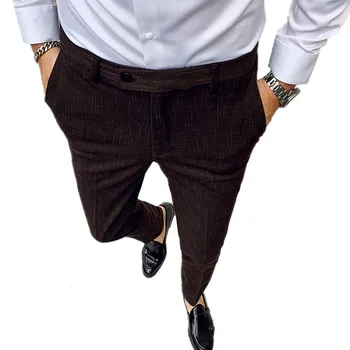 Весенне-осенние коричневые мужские брюки, коричневые деловые повседневные брюки, мужские высококачественные костюмные брюки, коричнево-серые брюки 29-35