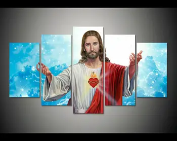 Святое Сердце Иисуса Христа 5 панелей Печать на холсте Плакат Настенное искусство Домашний декор HD Печать фотографий без рамок Декор комнаты из 5 предметов
