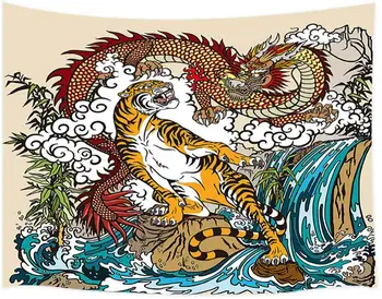 Китайский дракон и тигр на фоне настенного гобелена с водопадом