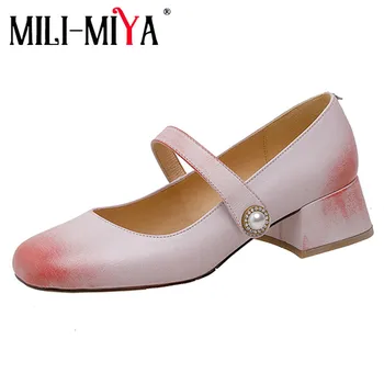 MILI-MIYA, модные разноцветные женские туфли-лодочки из коровьей кожи, круглый носок, Толстый каблук, ремешок с пряжкой, Повседневная обувь Mary Janes ручной работы