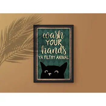 Металлическая табличка с изображением кошки Забавный принт с изображением Черного кота Вымой руки Грязное животное Винтажная Жестяная вывеска Настенное искусство ванной комнаты Декор стен ванной комнаты