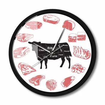 Настенные часы Angus Beef Chart в минималистичном металлическом каркасе, бесшумные часы для мясника из коровьего мяса Для ресторана Steak House Farmhouse Kitchen