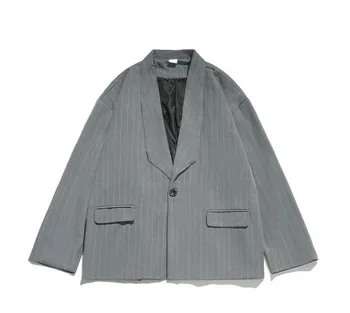 Новый стиль, мужской костюм, академический стиль, вертикальная полоса, длинный рукав, однобортный Свободный хлопковый пиджак ABB26