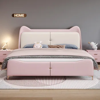 Роскошная детская кожаная кровать в скандинавском стиле, кровать принцессы для девочек, современная простая односпальная кровать для мальчиков, кровать из массива дерева 1,5 м