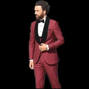 Бордовые Мужские костюмы Costume Homme Slim Fit, 3 предмета, Свадебные Смокинги для выпускного вечера, Мужской блейзер terno masculino (Куртка + Жилет + брюки)