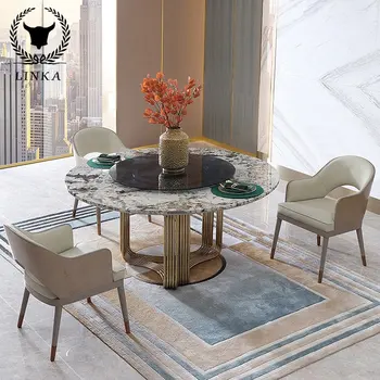 Роскошная столовая с мраморным поворотным столом в стиле постмодерн, простой круглый обеденный стол, комбинированная мебель для стульев