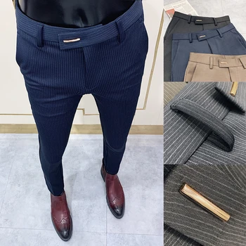 Классические брюки для костюма в полоску 2023, мужские деловые Элегантные офисные брюки, высококачественные весенние мужские брюки, облегающее платье