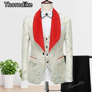 Модный мужской костюм с принтом в виде листьев бамбука Thorndike 2023, Однобортный Повседневный деловой Приталенный комплект (Блейзер + Брюки + жилет)