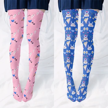 Розовые женские чулки с высококачественной 3D-печатью, модные цветочные Клубнично-вишневые длинные чулки Харакуку, Милые забавные носки для телят JK