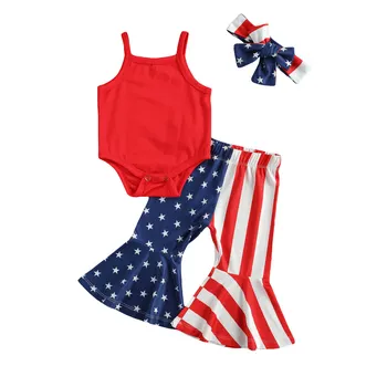 Летний комплект Citgeett на День независимости для маленьких девочек, однотонный красный комбинезон на бретельках + расклешенные брюки в звездную полоску, праздничный комплект 4 июля