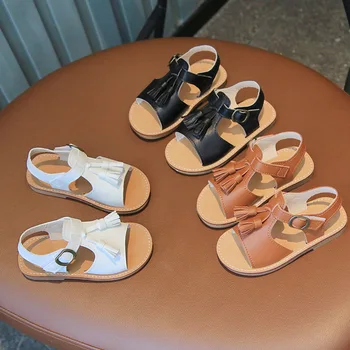 Сандалии для девочек, летняя обувь для девочек, классические ползунки для малышей с кисточками и открытым носком, повседневная нескользящая удобная детская обувь на плоской подошве