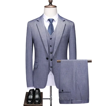 (Куртка + жилет + брюки) 2023, Мужская одежда, костюмы на одной пуговице, Мужские весенние деловые Облегающие повседневные мужские костюмы, Мужские свадебные костюмы, платье