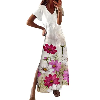 Женское платье Макси 2023, летнее модное вечернее платье с цветочным принтом в виде одуванчика, пляжный сарафан в стиле бохо, свободное повседневное платье с разрезом, Vestido