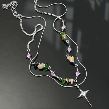 Хип-хоп Ожерелье с подвеской в виде креста и звезды для женщин, Унисекс, Изысканные Двухслойные цепочки из разноцветных каменных бусин, ожерелье, модные украшения