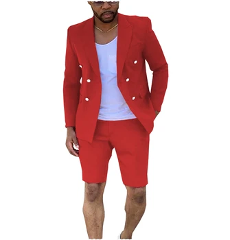 Мужской летний костюм из 2 предметов, двубортный повседневный пиджак с вырезами на плоской подошве, приталенный (блейзер + шорты)