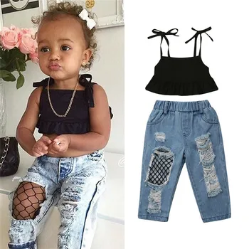 Новые летние комплекты одежды для малышей и маленьких девочек, однотонные топы без рукавов, джинсы в сеточку с дырочками, брюки, наряды от 1 до 6 лет