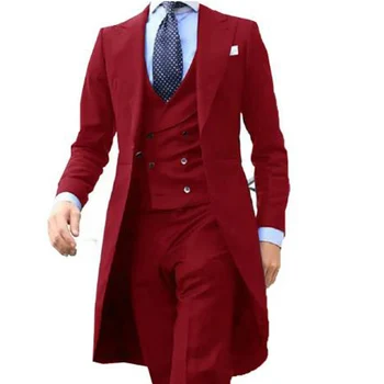 Лучший мужской костюм, смокинг, комплект из 3 предметов, свадебное платье с лацканами, длинное пальто, жилет и подходящие брюки Для полного элегантного мужчины
